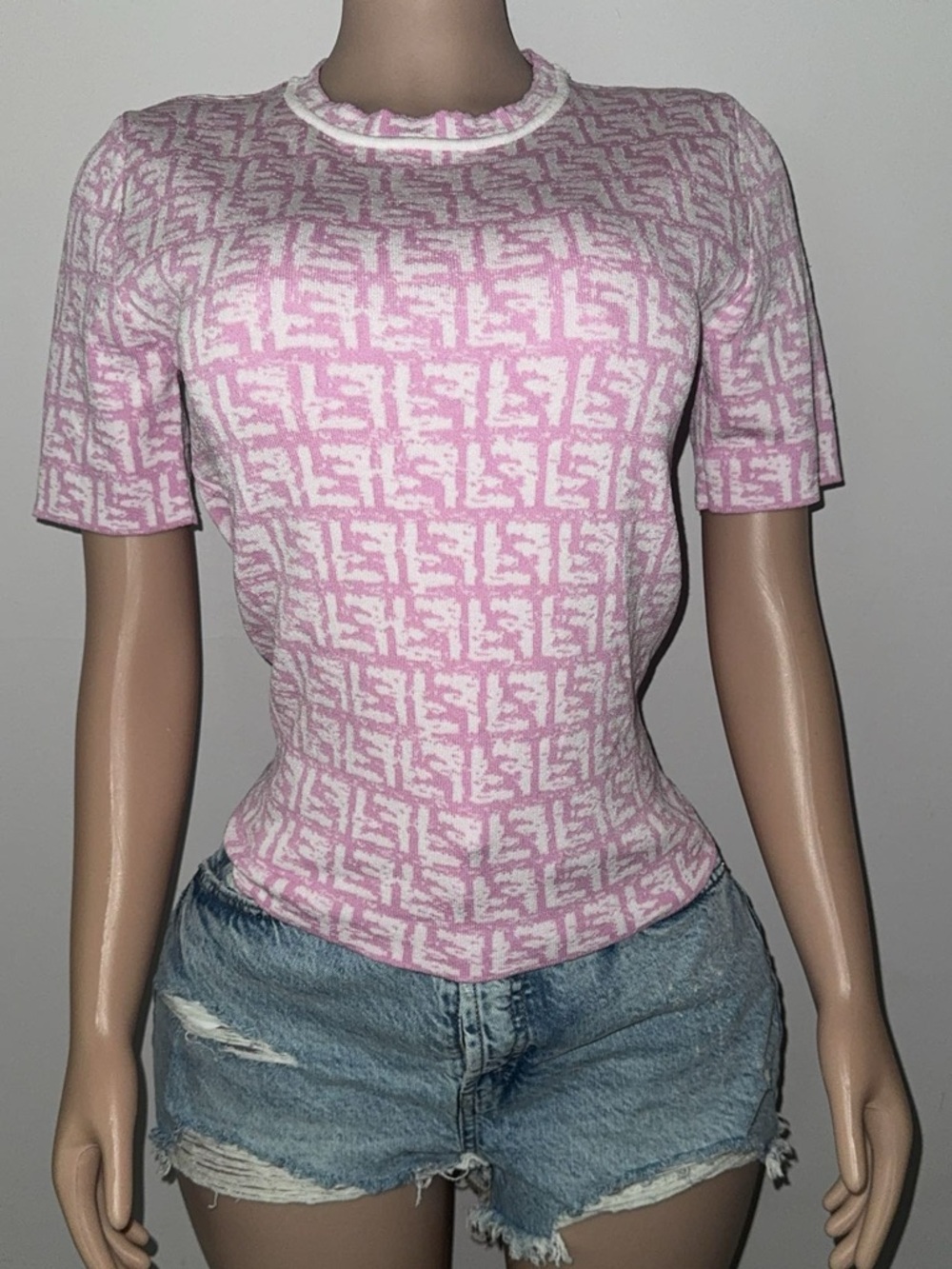 Fendi Pink & White FF Jacquard Short Sleeve Knit Top
